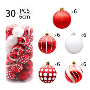 a clear jar have 30pcs hchristmas tree balls decorations,five differ color incloud white,red and 6pcs each
