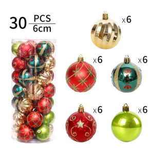 a clear jar have 30pcs decorative christmas ball ornaments,five differ color incloud golden,red,green, and 6pcs each