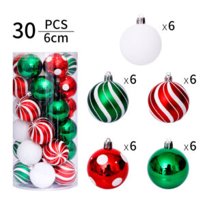 a clear jar have 30pcs hanging christmas balls decoration ideas,five differ color incloud white,red,green, and 6pcs each