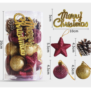 a clear PVC jar have 30 pcs decorate christmas balls and others,jar size is 16cm,include "merry Christmas"ornaments and size is 5*10cm,red starfish size is 5.5cm,pine cones size is 4.5cm,red ball and golden ball size are 4.5cm