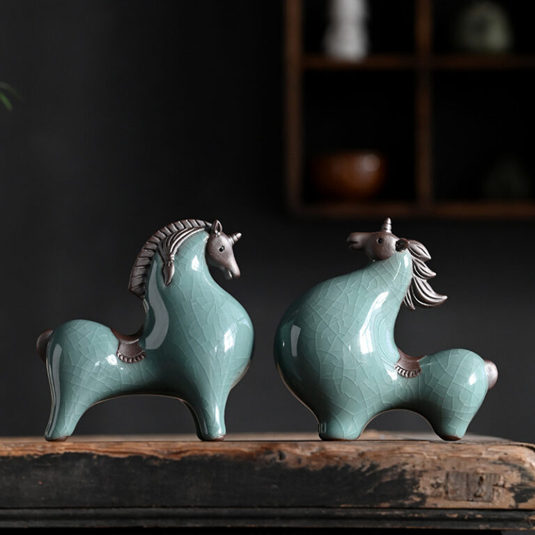 Ceramic horse home decoration crafts, a pair of light blue small ceramic horses with patterns
