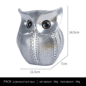 Silver metallic owl home decor statue with textured surface, measuring 14.5cm tall and 11.5cm wide, ideal for modern interior decoration.