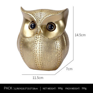 golden metallic owls decor statue with textured surface, measuring 14.5cm tall and 11.5cm wide, ideal for modern interior decoration.