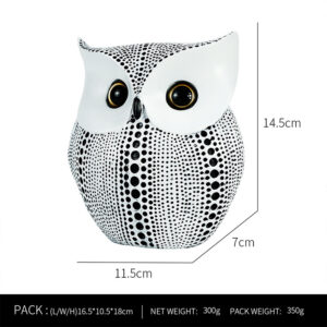 white and black metallic owls decorations statue with textured surface, measuring 14.5cm tall and 11.5cm wide, ideal for modern interior decoration.