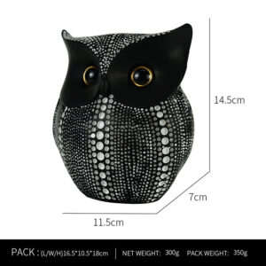 black and white resin owl figurine with dimensions shown, perfect for owl decor outdoor use in patios, balconies, or garden settings