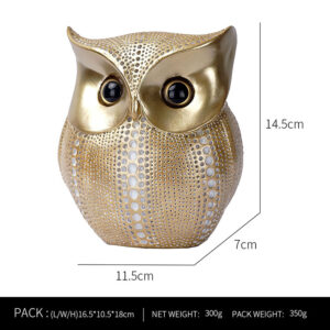 Golden resin owl craft with dimensions shown, perfect for owl decor outdoor use in patios, balconies, or garden settings