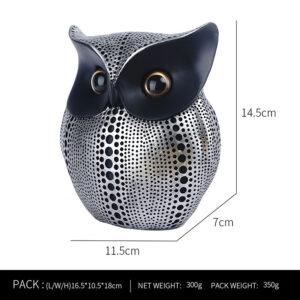 white and black resin owl arts and crafts figurine with dimensions shown, perfect for owl decor outdoor use in patios, balconies, or garden settings