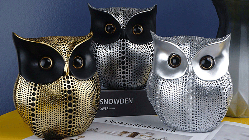 Black,white and gold resin owls crafts with modern dot pattern design, ideal for Halloween owl decorations, owl home decor, and decorative owls for the home
