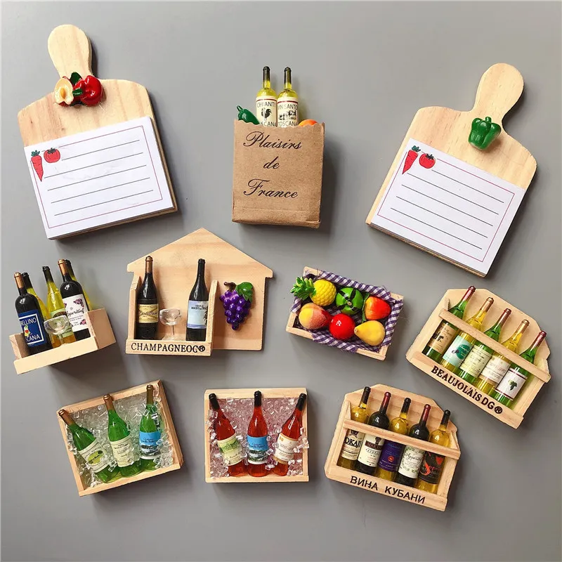 "Set of wooden fridge magnets designed as mini food crates, chopping boards, and wine racks, offering a rustic kitchen charm.